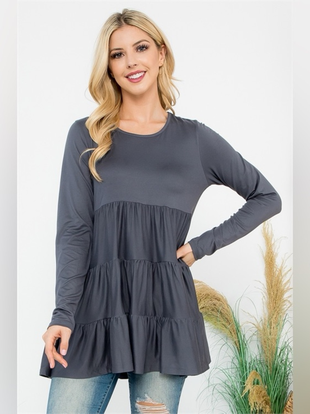 Long Sleeve Tiered Tunic Dress - Charcoal